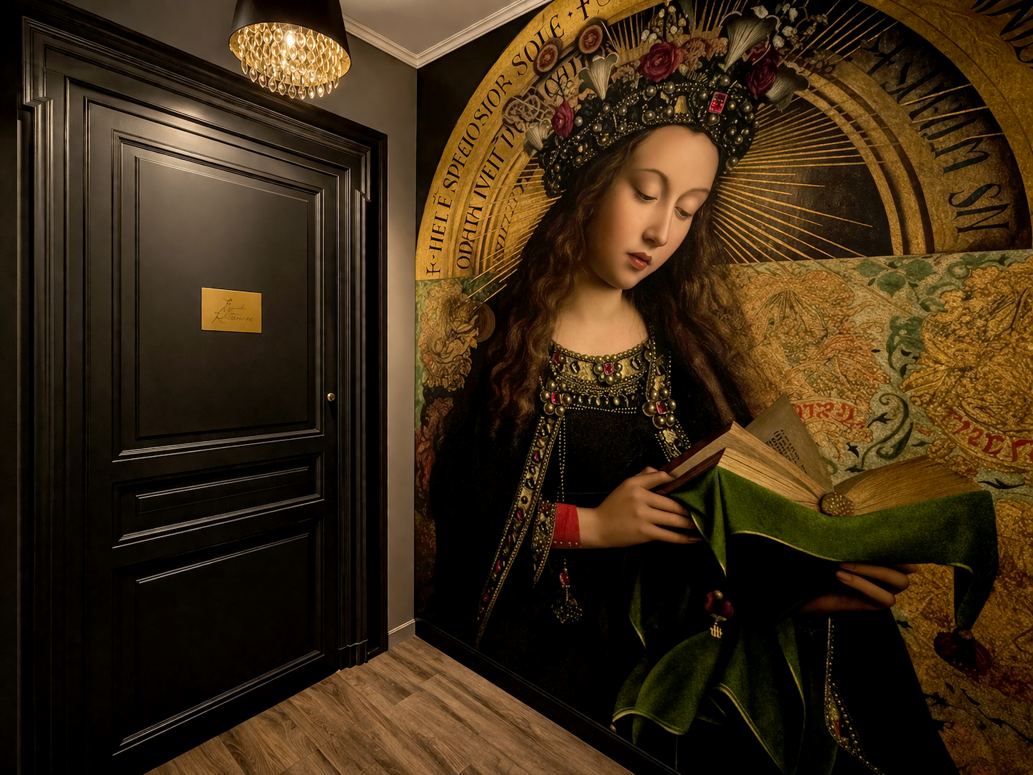 Couloir de château avec papier peint panoramique inspiré de l'art religieux